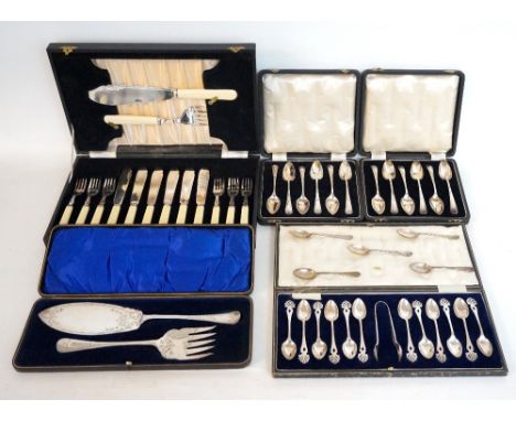 FIVE MATCHING SILVER GOLFING TEASPOONS
Walker & Hall, Sheffield 1933; and silver plated flatware - two matching cased sets of