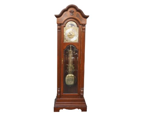 BULOVA JEFFERSON EIGHT DAY MAHOGANY LONGCASE CLOCK
with a shaped top above an arched glazed door with a brass dial with the m