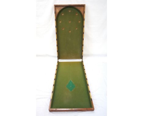 MAHOGANY TABLE TOP FOLD OVER BAGATELLE TABLE
baize lined with sectional score markers to the outer frame, 244.5cm x 63.5cm 