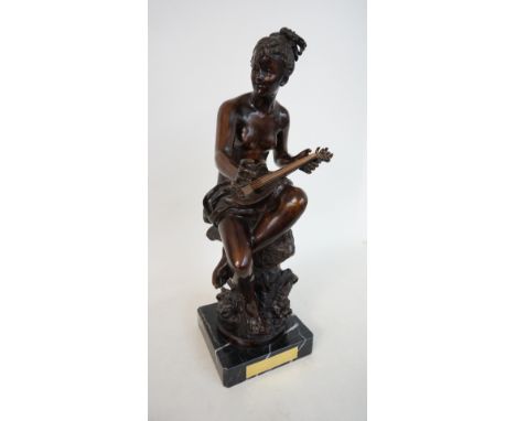 LARGE SPELTER CLASSICAL STYLE SEATED FEMALE NUDE FIGURE
holding a lute, signed 'A.de Luca', raised on marble base, 56cm total