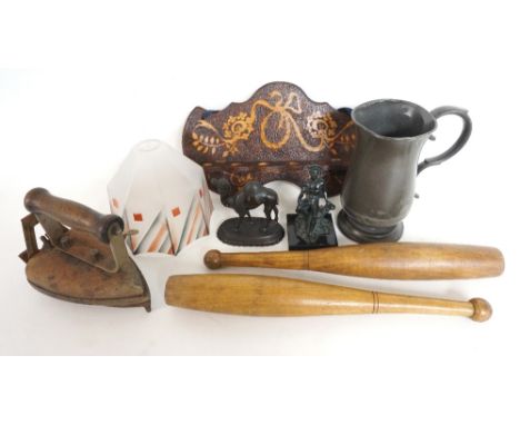 SMALL LOT OF COLLECTABLES
comprising a Victorian pewter quart tankard; period iron with trivet stand; pokerwork wall-mounting