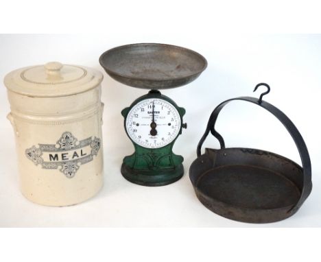 VICTORIAN GLAZED STONEWARE 'MEAL' JAR
with cover, 30.5cm high, period griddle pan, and a vintage 'Salter Improved Family Scal