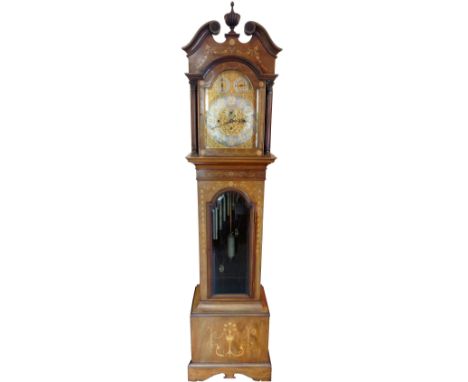 EDWARDIAN INLAID MAHOGANY EIGHT DAY QUARTER CHIMING LONGCASE CLOCK
with a broken swan neck pediment and central urn above an 