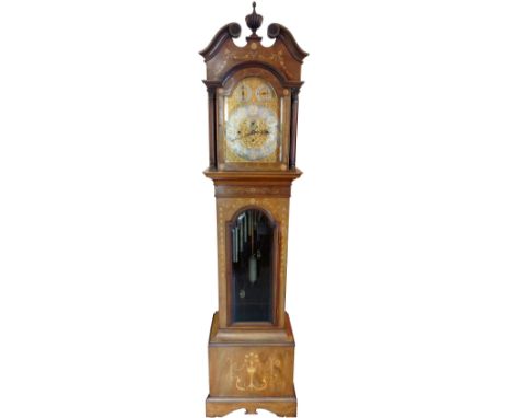 EDWARDIAN INLAID MAHOGANY EIGHT DAY QUARTER CHIMING LONGCASE CLOCK
with a broken swan neck pediment and central urn above an 