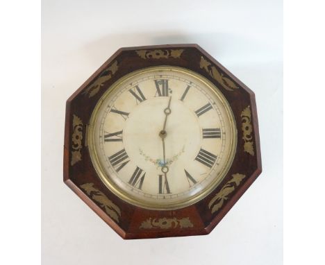 VICTORIAN OCTAGONAL HEAD WALL CLOCK
with brass inlay detail, handpainted floral decoration to face, 36.5cm wide, with weights