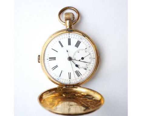 SWISS EIGHTEEN CARAT GOLD REPEATER POCKET CHRONOGRAPH
with top winder, black Roman and Arabic numerals and subsidiary dial on