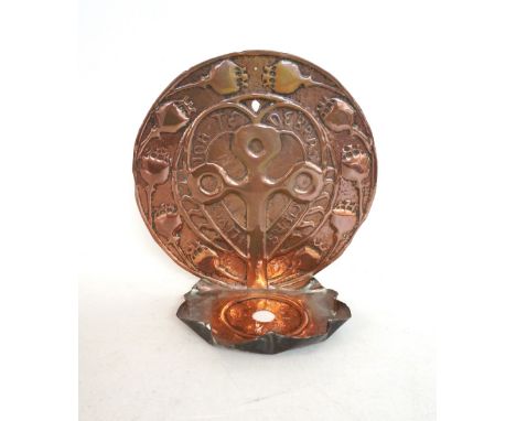 ARTS AND CRAFTS EMBOSSED COPPER CANDLE WALL SCONCE
with stylised flower-head and heart design, with the wording 'Illumina Ten