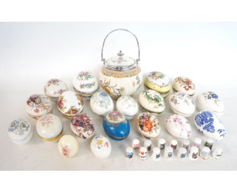 COLLECTION OF DECORATIVE CERAMIC EGG TRINKET BOXES AND THIMBLES
including Royal Albert Old Country Roses, Coalport, Wedgwood,