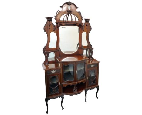 EDWARDIAN MAHOGANY MIRROR BACK DISPLAY CABINET
with a shaped carved and pierced arched top with six shaped bevelled plates an