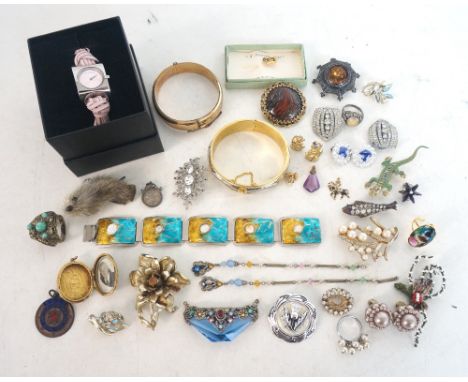 SELECTION OF VARIOUS COSTUME JEWELLERY
including a nine carat gold plated bangle, enamel decorated and other bracelets, brooc