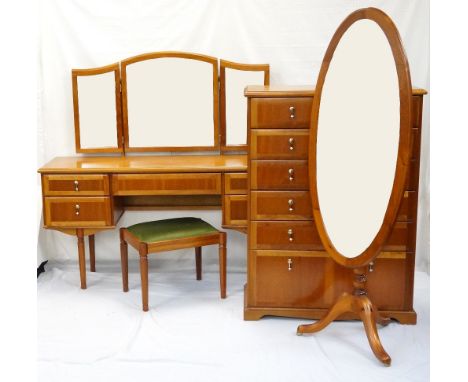 MEREDEW MAHOGANY BEDROOM SUITE
comprising a tall chest of six drawers with drop handles, a triple mirror back dressing table 