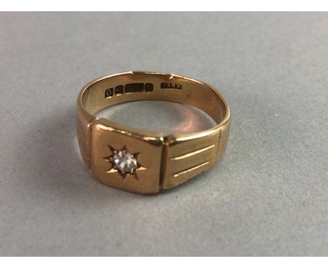 GENTLEMAN'S DIAMOND SET RING, the square bezel with star set old cut diamond, on tapered shoulders, in nine carat gold, size 