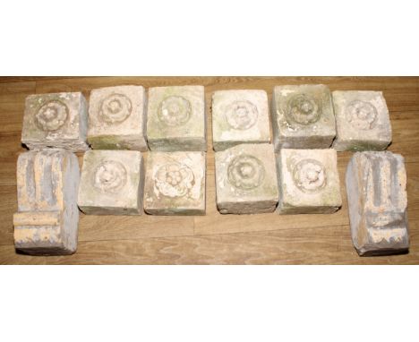 Architectural Salvage - a collection of reconstituted stone corbels, each with a flower head boss, 15cm wide; another pair (1