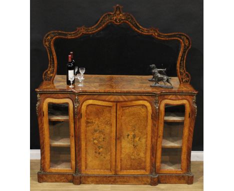 A Victorian Franglais gilt metal mounted walnut and marquetry side cabinet or credenza, shaped parcel-ebonised half-gallery w