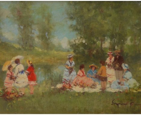 French Impressionist School (19th century) The Picnic indistinctly signed, oil on canvas, 21cm x 26.5cm