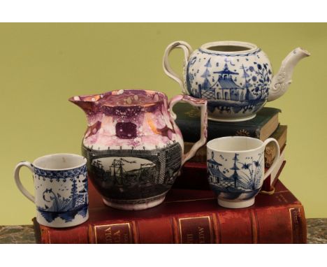 An 18th century Staffordshire pearlware globular teapot, painted in underglaze blue with a chinoiserie scene, moulded spout, 