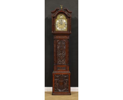 A George III mahogany longcase clock, 30.5cm arched brass dial with silvered chapter ring inscribed Josh Mack, Falsham, Roman