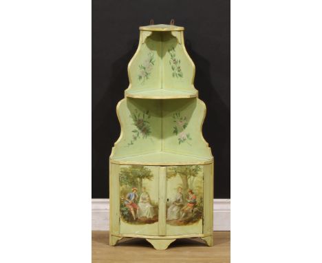An early 20th century standing or wall-hanging painted open corner vitrine, in the Venetian taste, the doors painted with cou