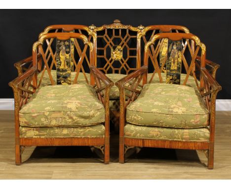 A Chinese Chippendale Revival chinoiserie decorated and parcel-gilt satinwood three-piece drawing room suite, in the Cockpen 