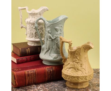 An early Victorian William Ridgway &amp; Co. relief moulded buff jug, decorated with a jousting scene beneath Gothic arches, 