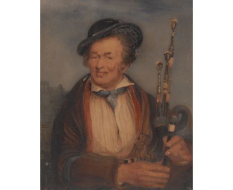 Scottish School (19th century) Portrait of a Gentleman Holding Bagpipes with Castle Ruin Behind unsigned, watercolour, 19cm x
