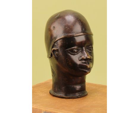 Tribal Art - a Benin bronze study, head of a man, 21cm high, Nigeria