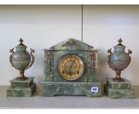 A good early 20th century Ansonia onyx clock and garniture set, gilded face with brocot  escapement -  Height 28 cm x Width 2