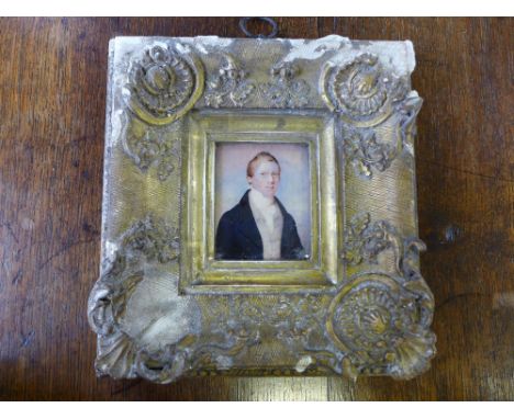 A well painted miniature on ivory 19th century portrait  in distressed frame - 8 cm x 7 cm