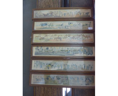 Six oak framed tinted cartoon prints - all featuring equine based activities, i.e Race Stables, Carriages, Hunting etc. - fra