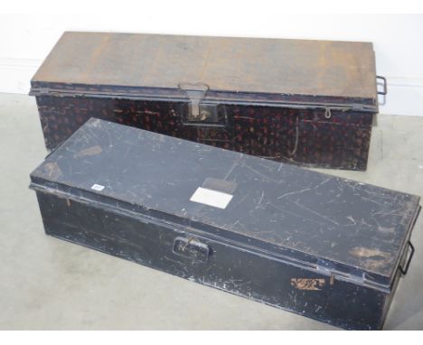 Two steel trunks both with original paint locks and keys - largest trunk length 113cm x depth 39cm x height 29cm - Smaller tr