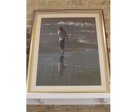 A large oil on board of a female on beach by Lucy M  Wiles nee Mullins - size  75 cm x 60 cm 