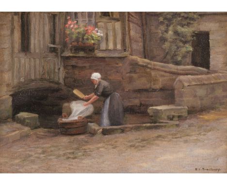 * Bradbury (Emma Louise, 1866-1959). Washerwoman, Caudebec, Normandy, circa 1900, oil on canvas, signed lower right, with ori