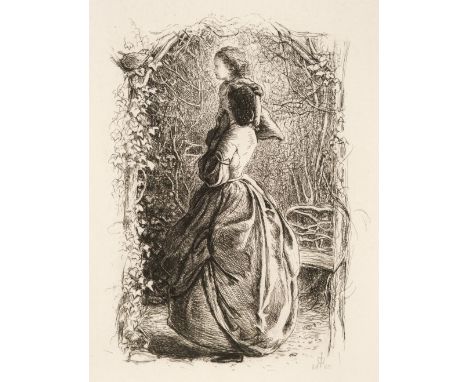 * Millais (John Everett, 1829-1896). Happy Springtime, 1860, etching on chine collé, showing a small girl sitting on the shou