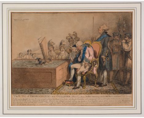 * Gillray (James). The King of Brobdingnag and Gulliver (plate 2nd) - Scene "Gulliver manoeuvring with his little Boat in the