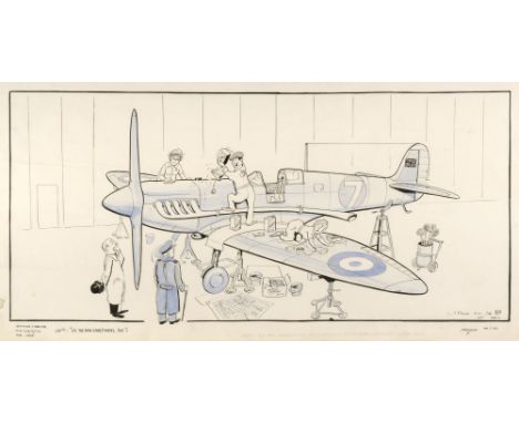 * Aviation artwork. A group of 3 pen &amp; ink and wash aviation cartoons by Pilot Officer Page, 1938/1943, featuring Spitfir