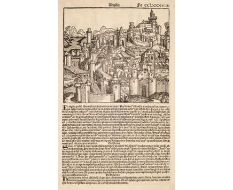Schedel (Hartman). Anglia, [1493], uncoloured woodblock of an imaginary view of an English town, originally published in the 