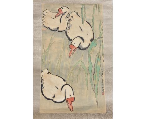A Chinese print of a ducks on paper in scroll. Xu Beihong. Purchased in April 1980 Hong Kong. 45cm x 80cm