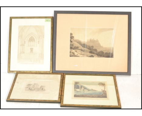 A collection of 19th Century pictures to include a pencil drawing of a couple in a garden with a church behind (dated 1836), 