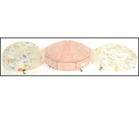 A group of the 1930's Art Deco marbled glass flycatcher ceiling light shades to include a pink shade of geometric form with a