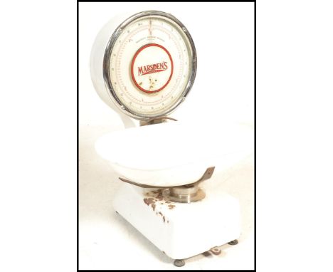 A set of mid 20th Century enamel Infant Midwifery baby weighing scales by Marsden's, white weighing pan with circular dial ab