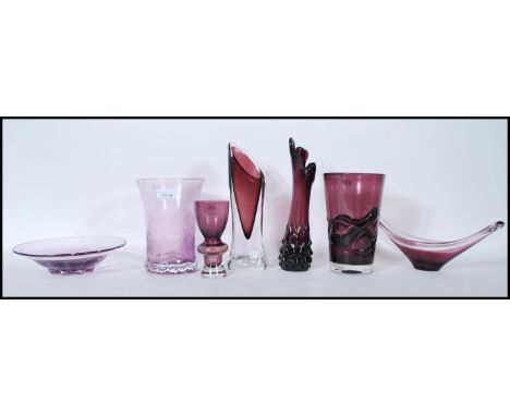 A collection of retro studio art amethyst glass vases and bowls to include a selection of different styles, including Scandin