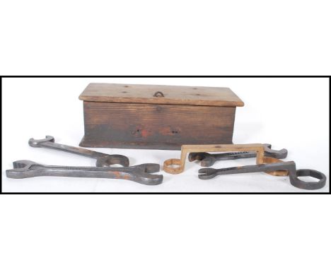 Tractor Box - An original vintage wooden holder for tools etc. Approx 39x13x16cm. Also old heavy open end spanners (3) by Bam
