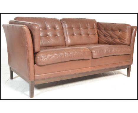 A believed original retro vintage 1970's London style Danish / Scandinavian two-seater sofa settee. Light brown leather  upho