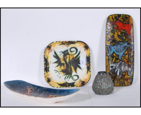 A selection of vintage 20th Century studio art pottery to include an Italian Tasca plate of rectangular form having a blue gl