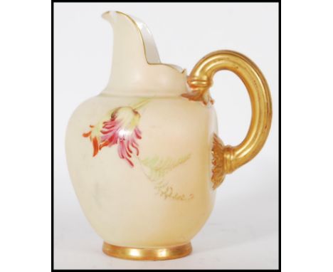 Royal Worcester - A late 19th Century antique blush ivory ceramic miniature jug of taper bulbous form having having painted f