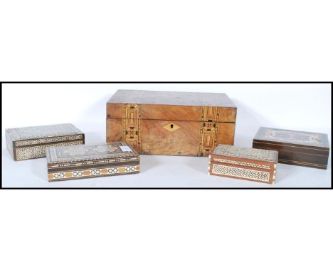 A collection of various boxes to include a 19th Century Tunbridge ware work box, a lacquered Sorrento&nbsp; trinket box and t