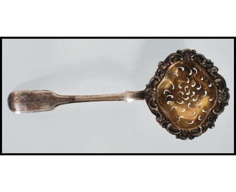 A large 19th century Imperial Russian 84 Zolotnic silver sugar sifter spoon / ladle. The ladle having a large vermeil lined b