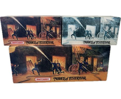 Three original boxed Matchbox vehicles to include ' YFE18 1950 Ford E83JW Van', ' 1936 Leyland Cub FK-7 Fire Engine', and '  