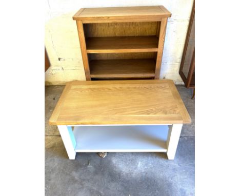 Modern oak three shelf bookcase and an oak top coffee table measures approximately 35.5 inches tall x 30 wide and 14 deep 