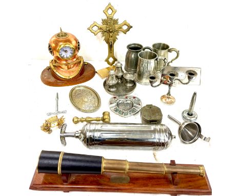 Selection of metalware to include Crucifix, telescope, fire extinguisher, pen and holders, Copper miniature divers helmet clo